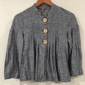 Pink‎ Twill Women S Jacket 100% Linen Blue Chambray Pleated Balloon Sleeve Boho